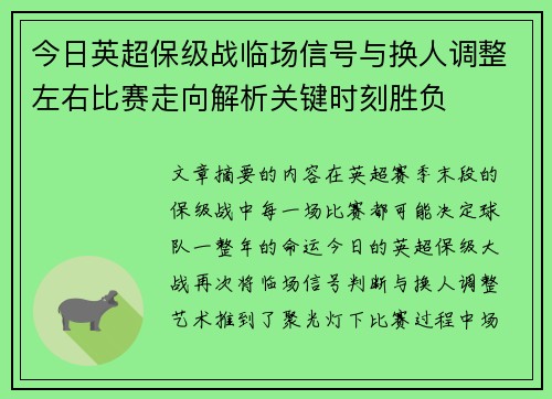 今日英超保级战临场信号与换人调整左右比赛走向解析关键时刻胜负 今日英超保级战临场信号与换人调整左右比赛走向解析关键时刻胜负