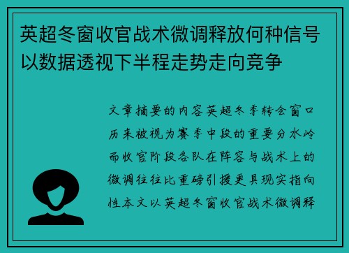 英超冬窗收官战术微调释放何种信号以数据透视下半程走势走向竞争 英超冬窗收官战术微调释放何种信号以数据透视下半程走势走向竞争